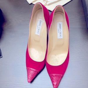 Jimmy Choo London pink suede heels w/snakeskin toe